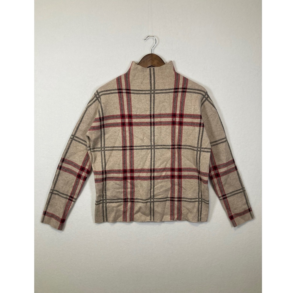 Nicole Miller Plaid Turtleneck Sweater Long Sleeve Beige Red Women's Size M